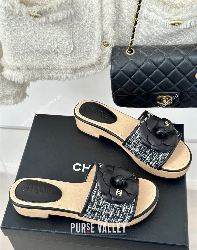 Chanel Tweed Wood Slides Sandal 4cm with Camellia Bloom Black/White 2024 CH101717 (KL-241017106)