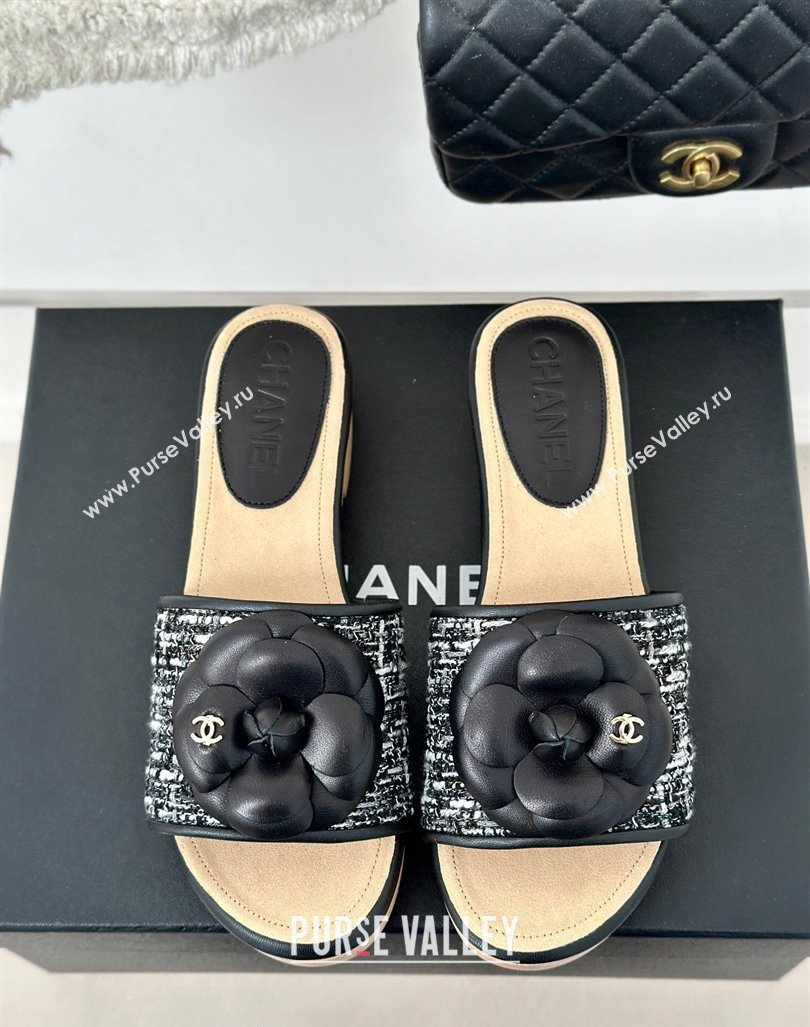 Chanel Tweed Wood Slides Sandal 4cm with Camellia Bloom Black/White 2024 CH101717 (KL-241017106)