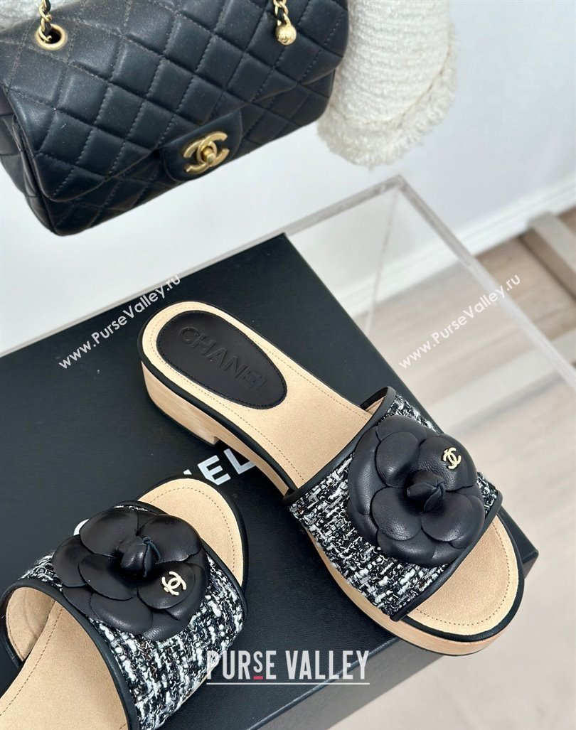 Chanel Tweed Wood Slides Sandal 4cm with Camellia Bloom Black/White 2024 CH101717 (KL-241017106)