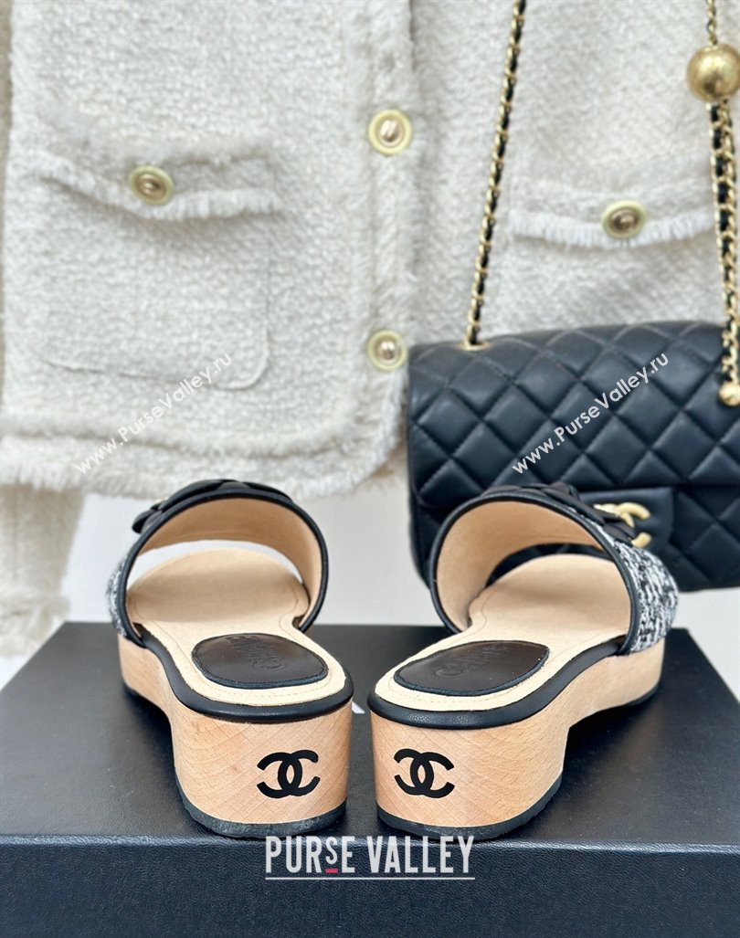 Chanel Tweed Wood Slides Sandal 4cm with Camellia Bloom Black/White 2024 CH101717 (KL-241017106)