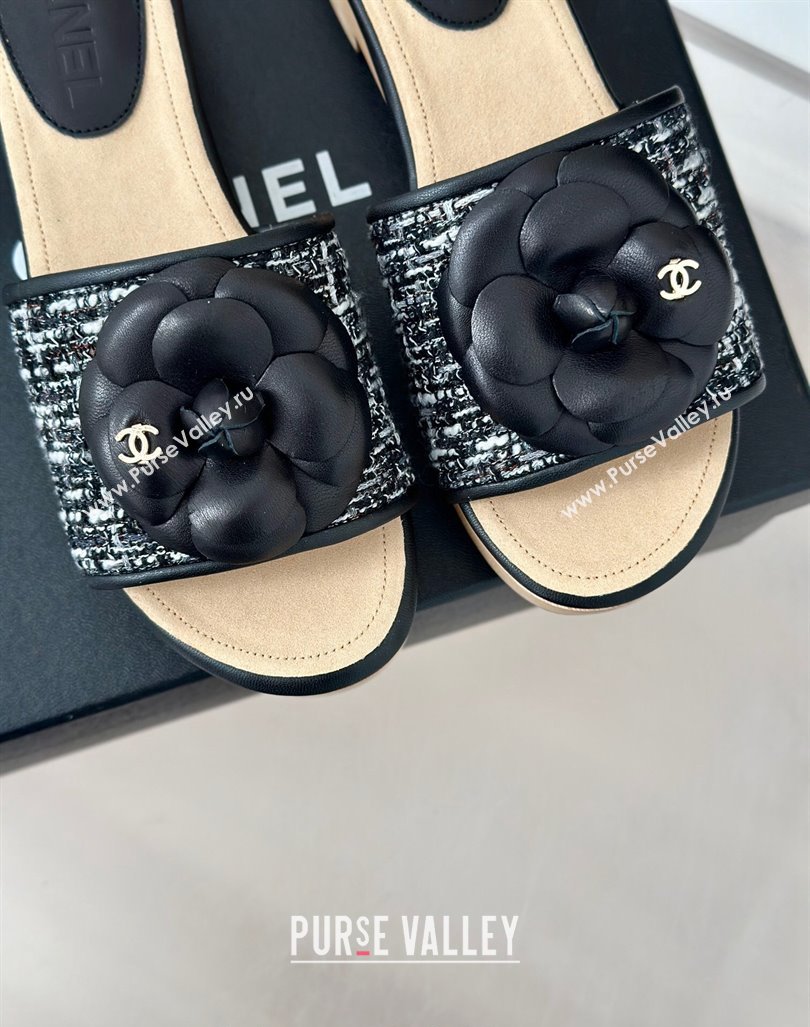 Chanel Tweed Wood Slides Sandal 4cm with Camellia Bloom Black/White 2024 CH101717 (KL-241017106)