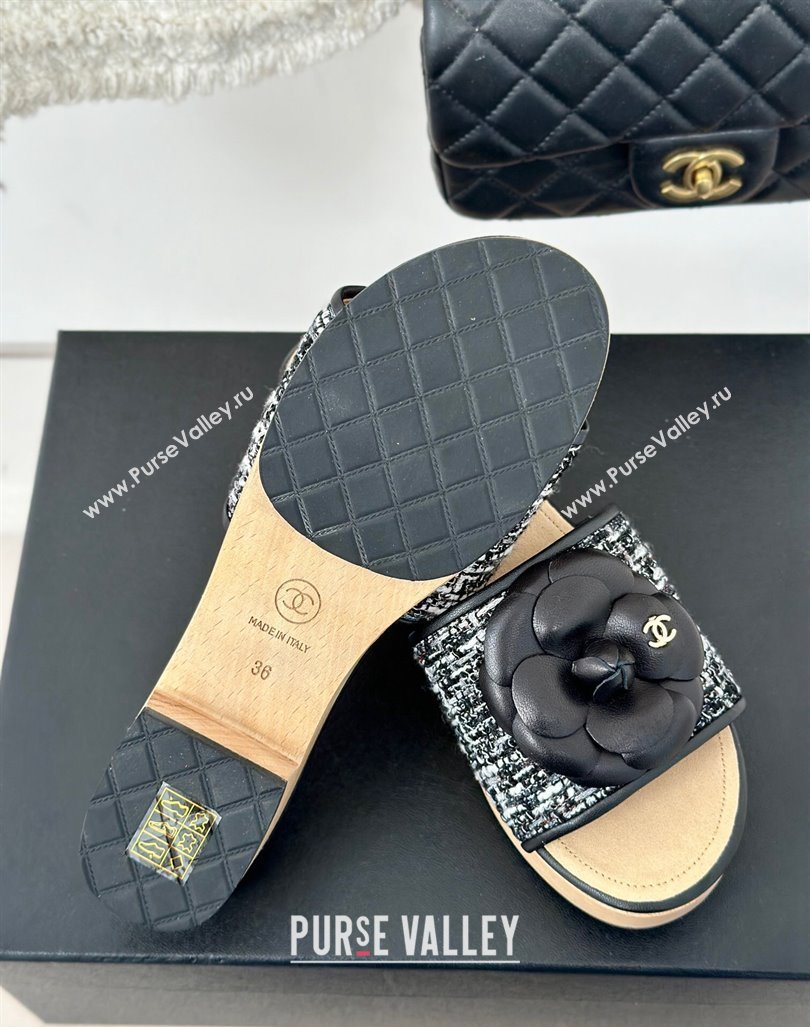 Chanel Tweed Wood Slides Sandal 4cm with Camellia Bloom Black/White 2024 CH101717 (KL-241017106)