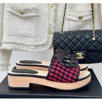 Chanel Tweed Wood Slides Sandal 4cm with Camellia Bloom Dark Pink/Black 2024 CH101717 (KL-241017104)