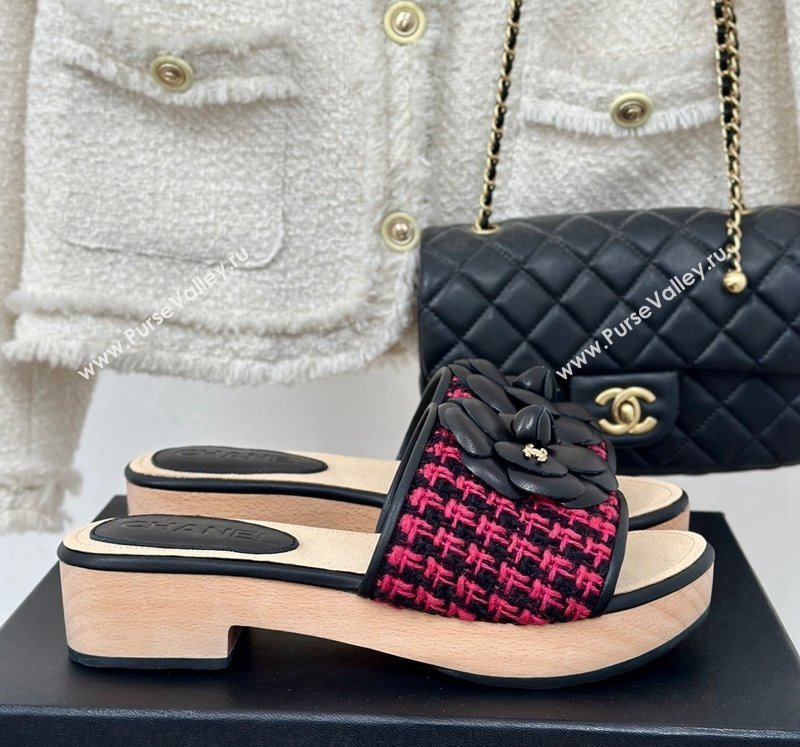 Chanel Tweed Wood Slides Sandal 4cm with Camellia Bloom Dark Pink/Black 2024 CH101717 (KL-241017104)