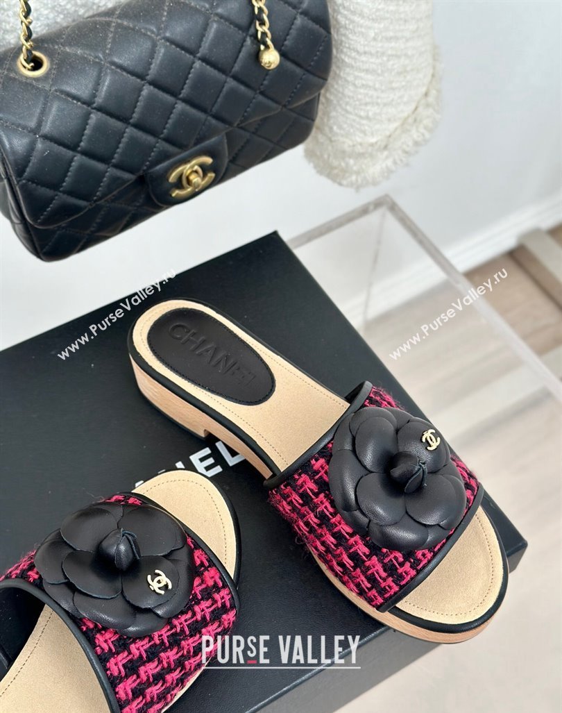 Chanel Tweed Wood Slides Sandal 4cm with Camellia Bloom Dark Pink/Black 2024 CH101717 (KL-241017104)