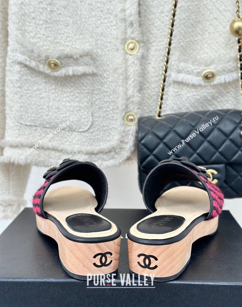 Chanel Tweed Wood Slides Sandal 4cm with Camellia Bloom Dark Pink/Black 2024 CH101717 (KL-241017104)