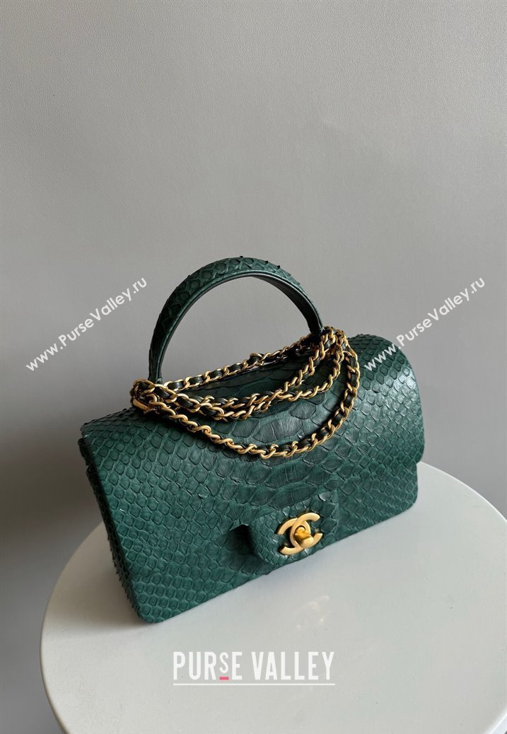 Chanel Mini Classic Flap Bag with Top Handle in Pythonskin Leather AS2431 Dark Green 2024 (YD-241106040)