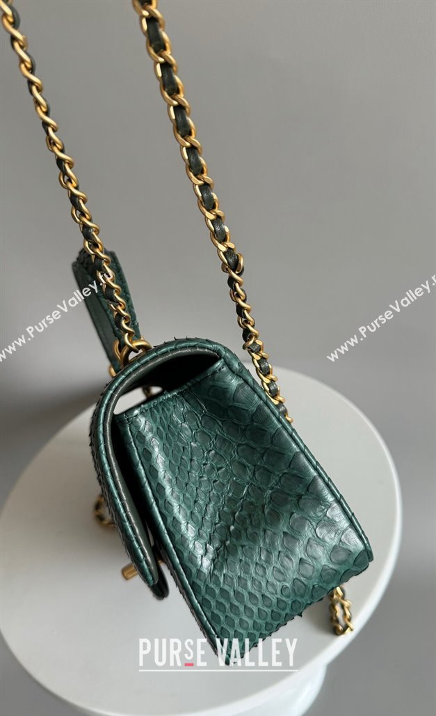 Chanel Mini Classic Flap Bag with Top Handle in Pythonskin Leather AS2431 Dark Green 2024 (YD-241106040)