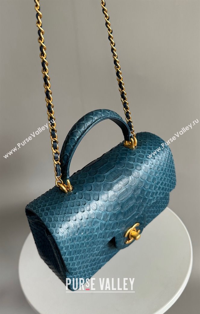 Chanel Mini Classic Flap Bag with Top Handle in Pythonskin Leather AS2431 Blue2 2024 (YD-241106050)