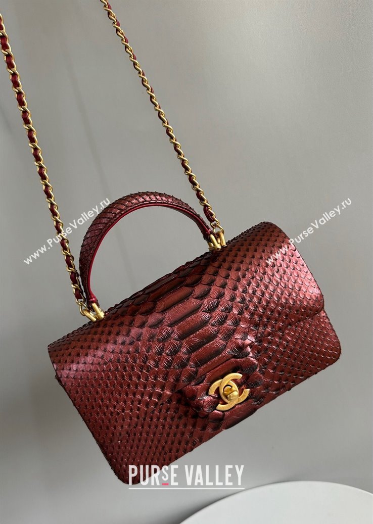 Chanel Mini Classic Flap Bag with Top Handle in Pythonskin Leather AS2431 Dark Burgundy 2024 (YD-241106051)