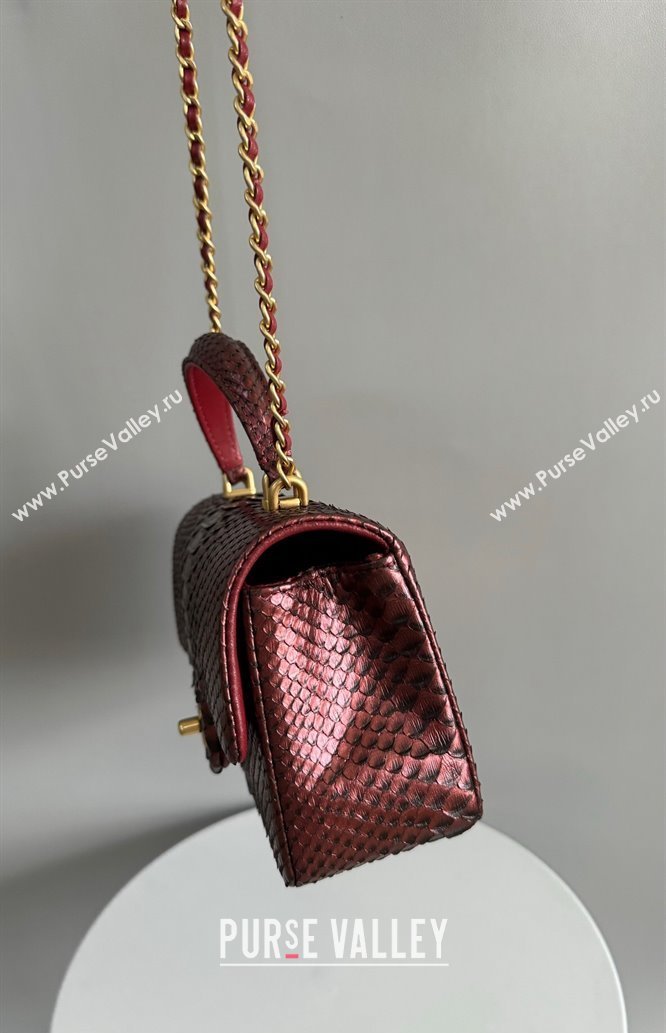 Chanel Mini Classic Flap Bag with Top Handle in Pythonskin Leather AS2431 Dark Burgundy 2024 (YD-241106051)