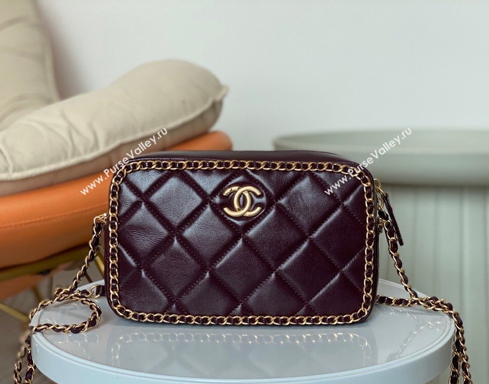 Chanel Shiny Calfskin Small Camera Case Bag with Chain Dark Burgundy 2024 AS5086 TOP (SM-241106005)