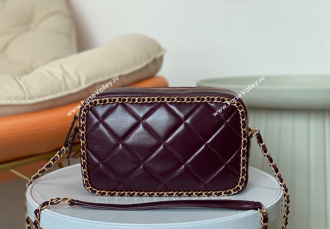 Chanel Shiny Calfskin Small Camera Case Bag with Chain Dark Burgundy 2024 AS5086 TOP (SM-241106005)