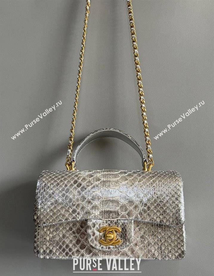 Chanel Mini Classic Flap Bag with Top Handle in Pythonskin Leather AS2431 Shiny Silver 2024 (YD-241106053)