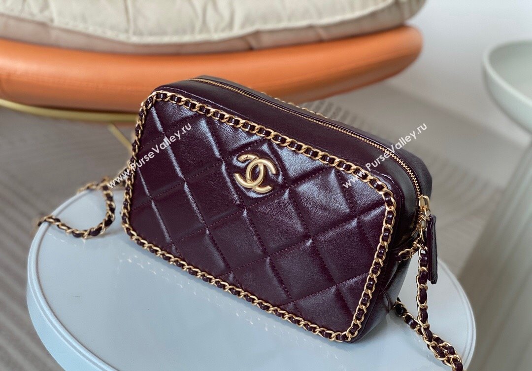 Chanel Shiny Calfskin Small Camera Case Bag with Chain Dark Burgundy 2024 AS5086 TOP (SM-241106005)