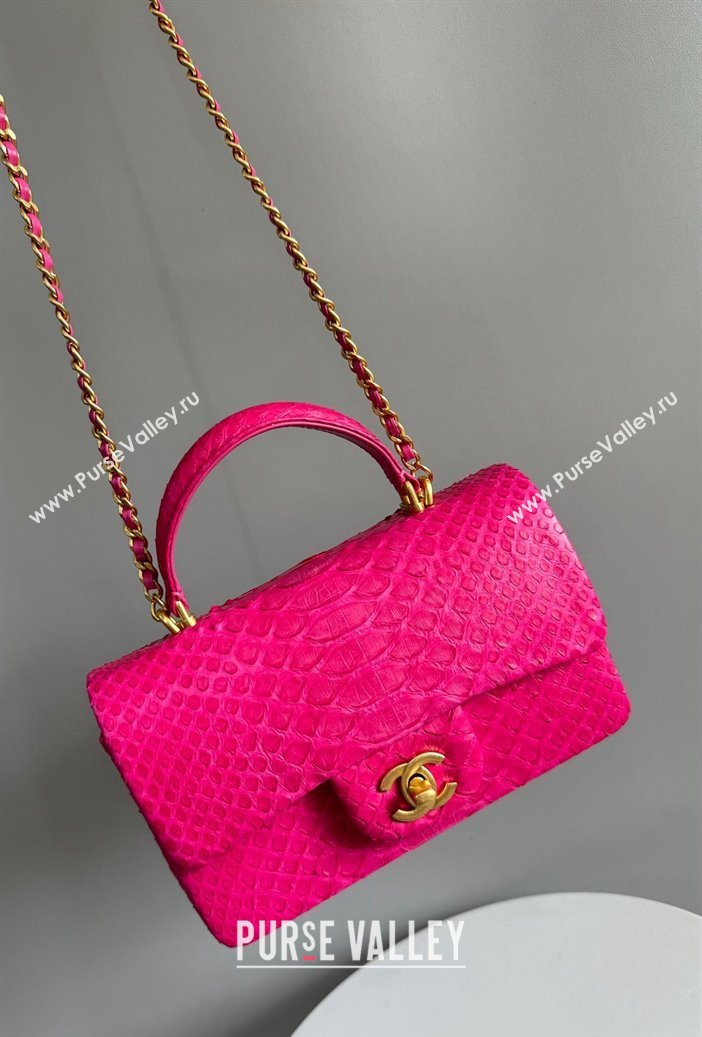 Chanel Mini Classic Flap Bag with Top Handle in Pythonskin Leather AS2431 Deep Pink 2024 (YD-241106056)