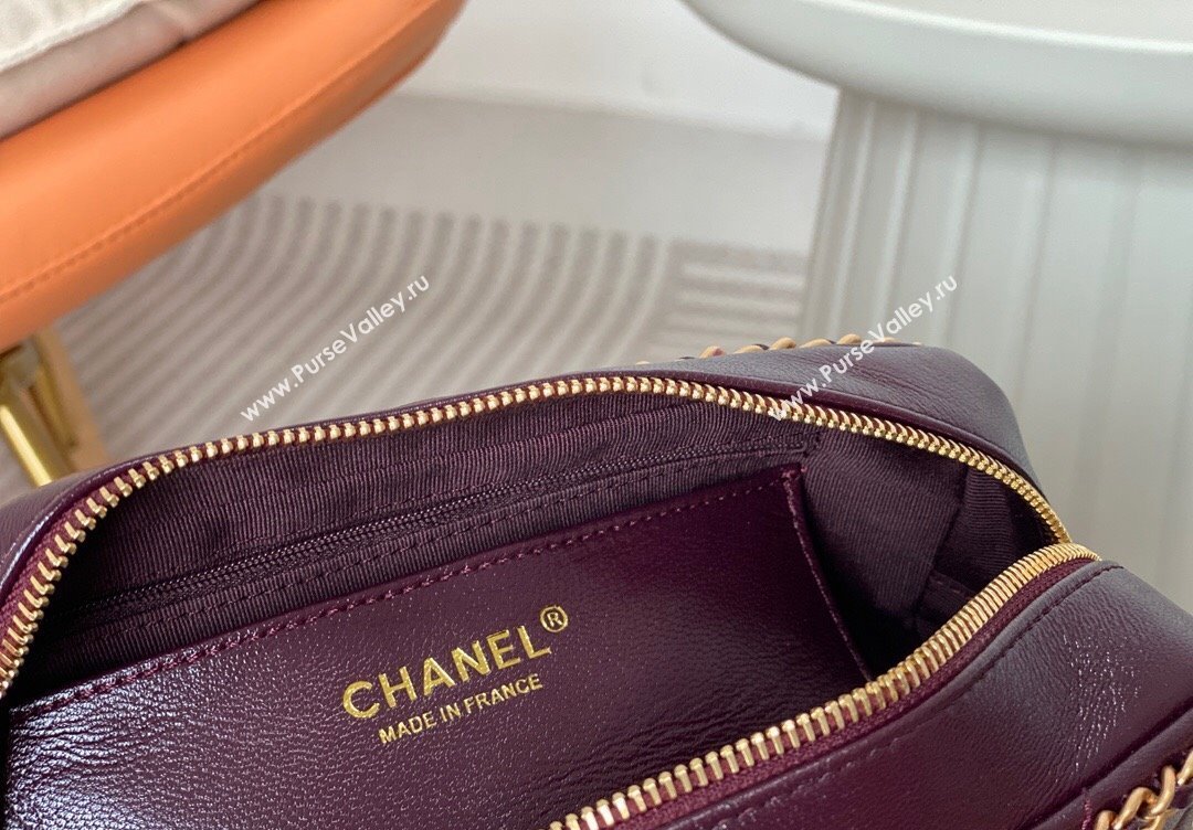 Chanel Shiny Calfskin Small Camera Case Bag with Chain Dark Burgundy 2024 AS5086 TOP (SM-241106005)