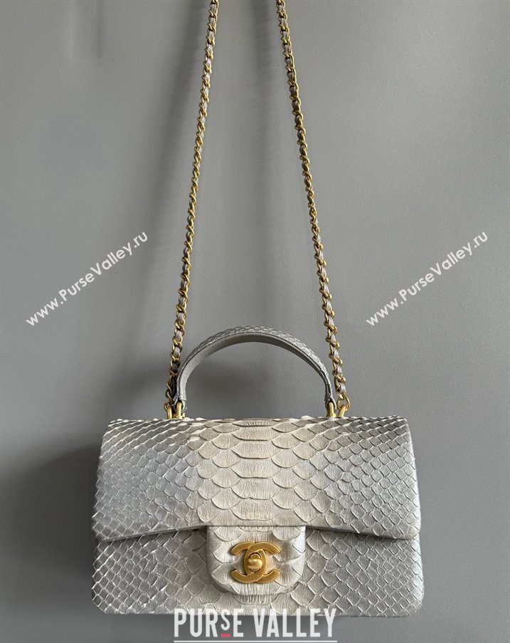 Chanel Mini Classic Flap Bag with Top Handle in Pythonskin Leather AS2431 Silver Grey 2024 (YD-241106068)