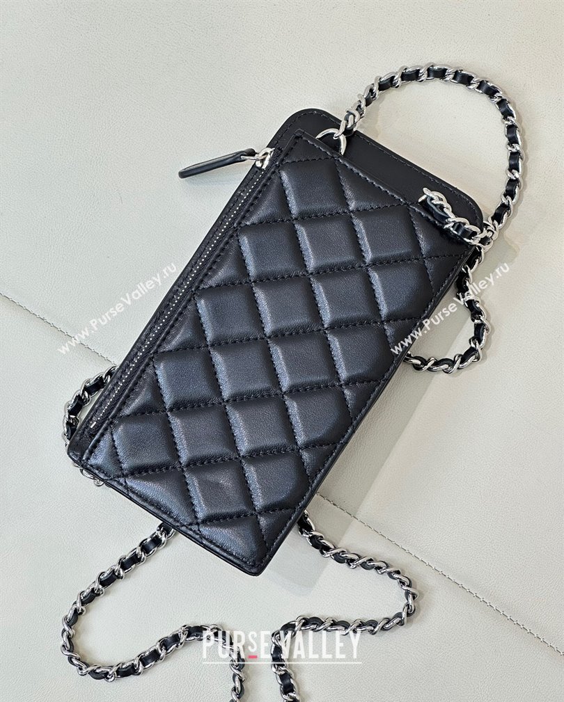 Chanel Lambskin Phone Holder with Chain Black/Silver 2024 AP0990 (ssz-241106091)