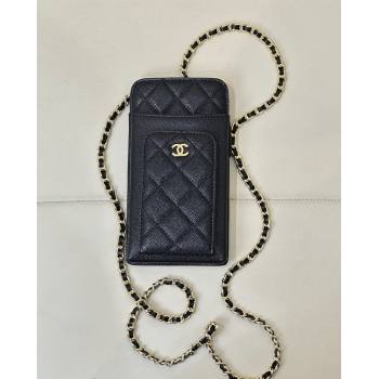 Chanel Grained Calfskin Phone Holder with Chain Black/Gold 2024 AP0990 (ssz-241106092)