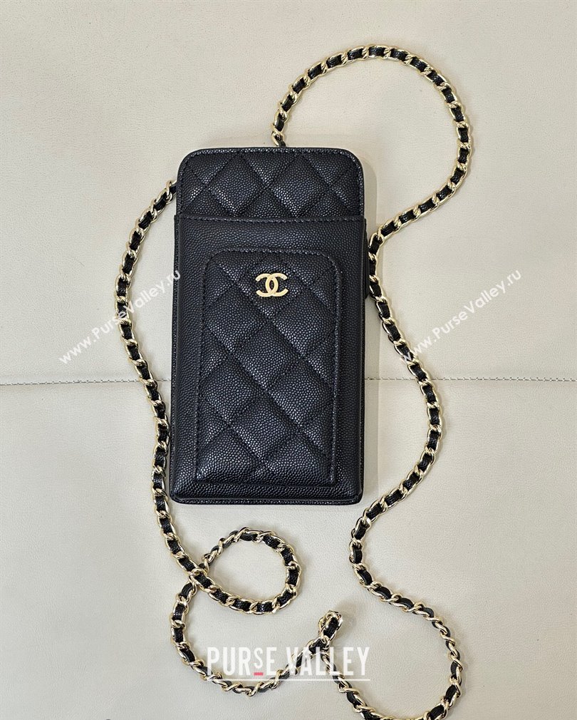 Chanel Grained Calfskin Phone Holder with Chain Black/Gold 2024 AP0990 (ssz-241106092)