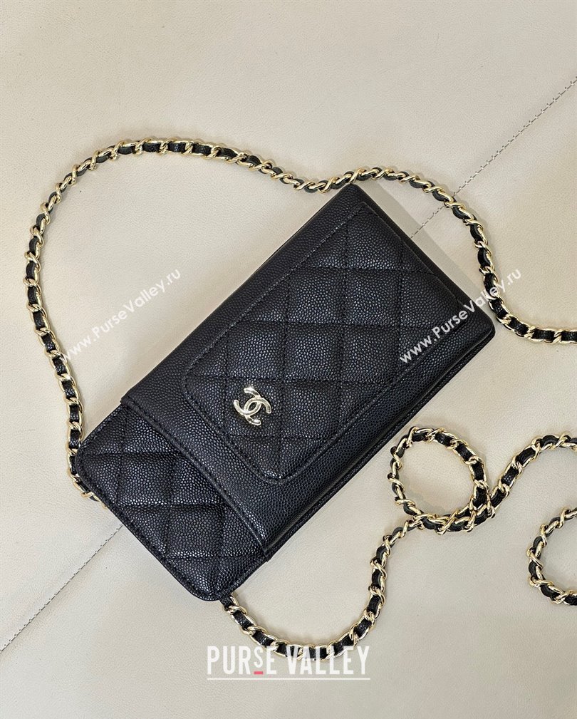 Chanel Grained Calfskin Phone Holder with Chain Black/Gold 2024 AP0990 (ssz-241106092)