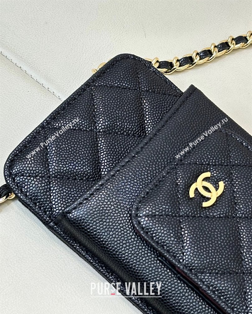 Chanel Grained Calfskin Phone Holder with Chain Black/Gold 2024 AP0990 (ssz-241106092)