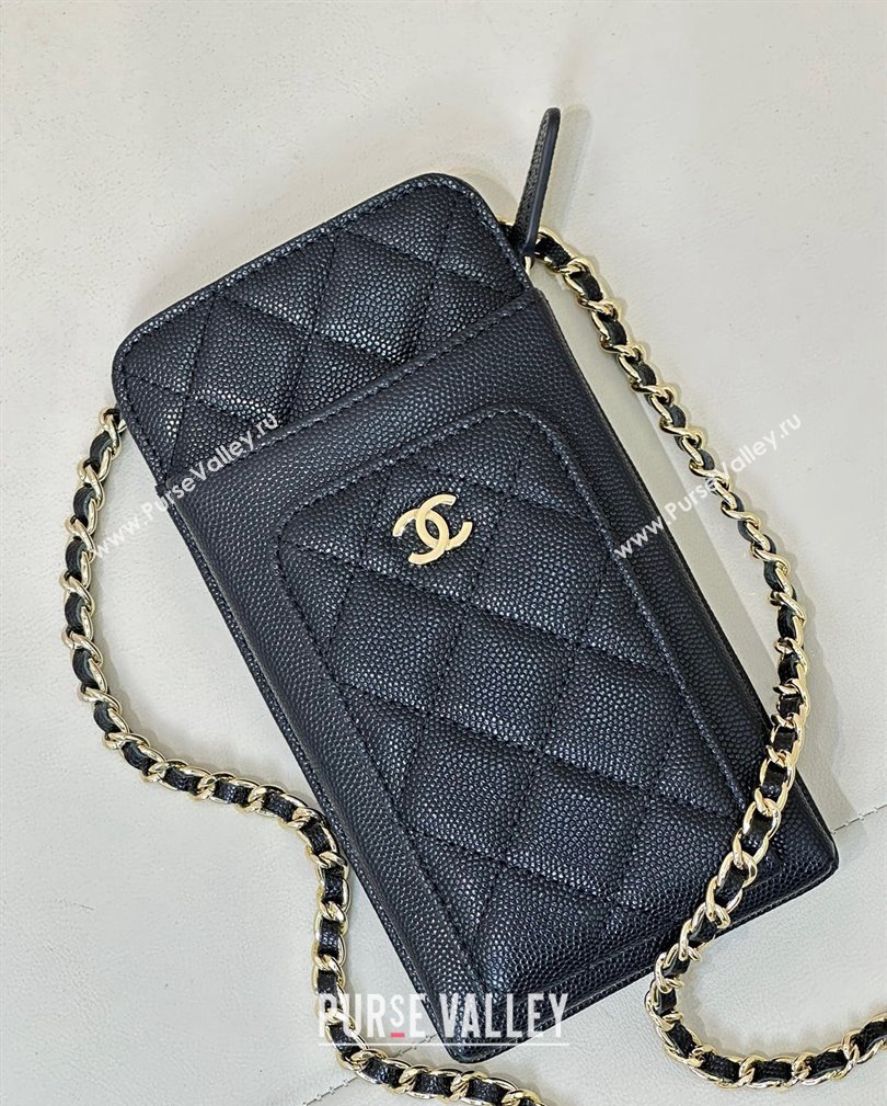 Chanel Grained Calfskin Phone Holder with Chain Black/Gold 2024 AP0990 (ssz-241106092)