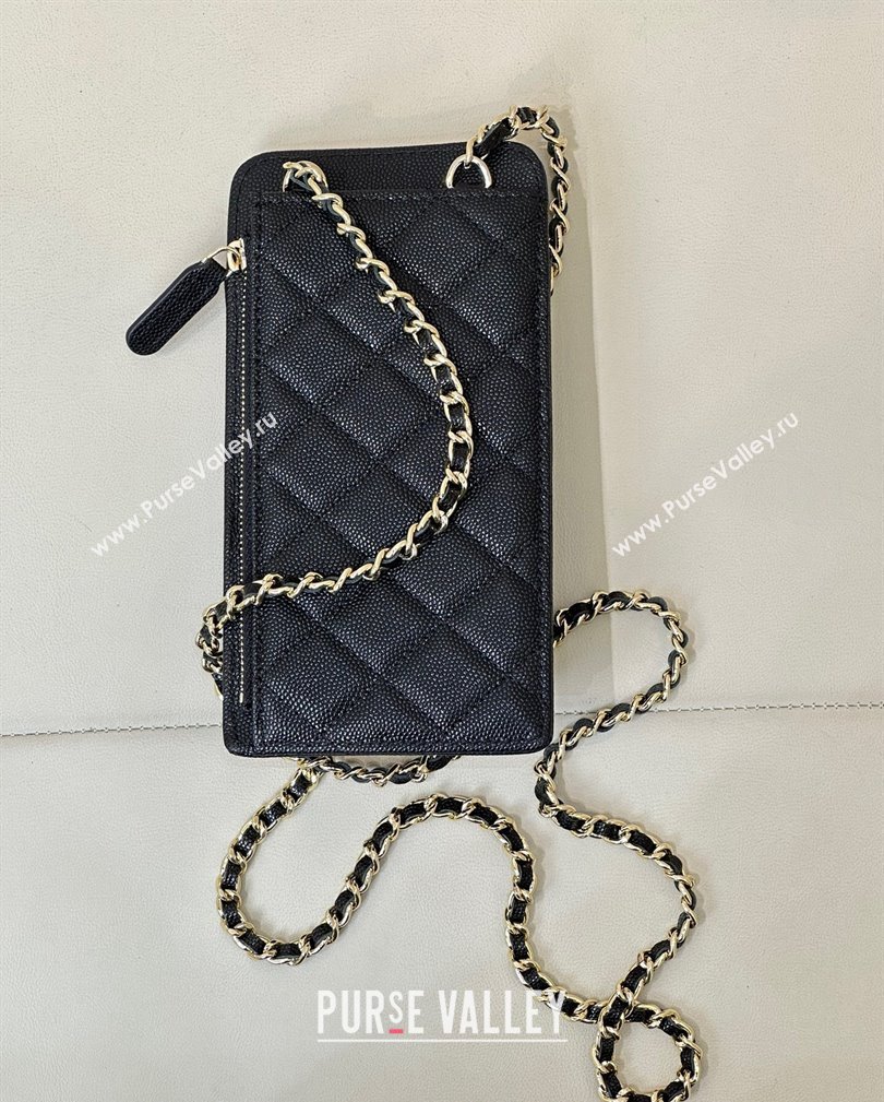 Chanel Grained Calfskin Phone Holder with Chain Black/Gold 2024 AP0990 (ssz-241106092)