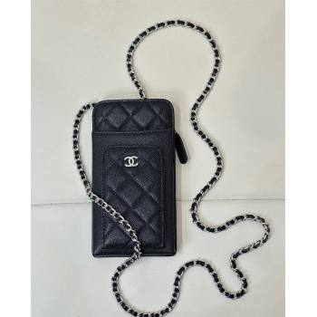 Chanel Grained Calfskin Phone Holder with Chain Black/Silver 2024 AP0990 (ssz-241106093)