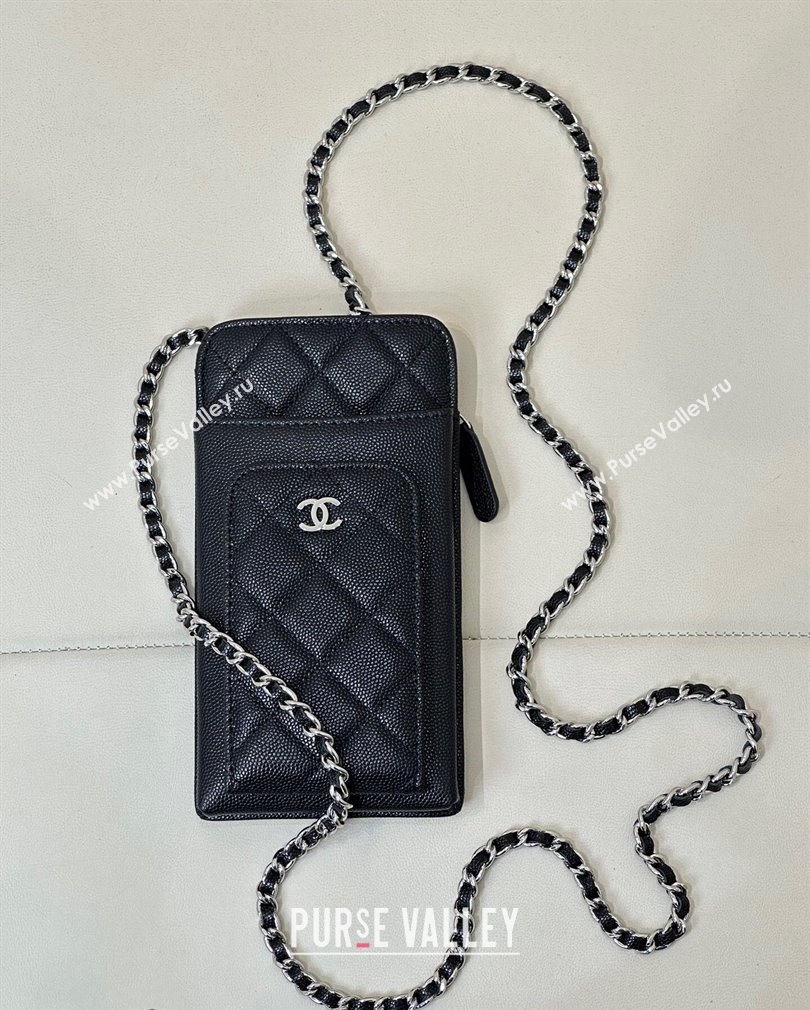 Chanel Grained Calfskin Phone Holder with Chain Black/Silver 2024 AP0990 (ssz-241106093)