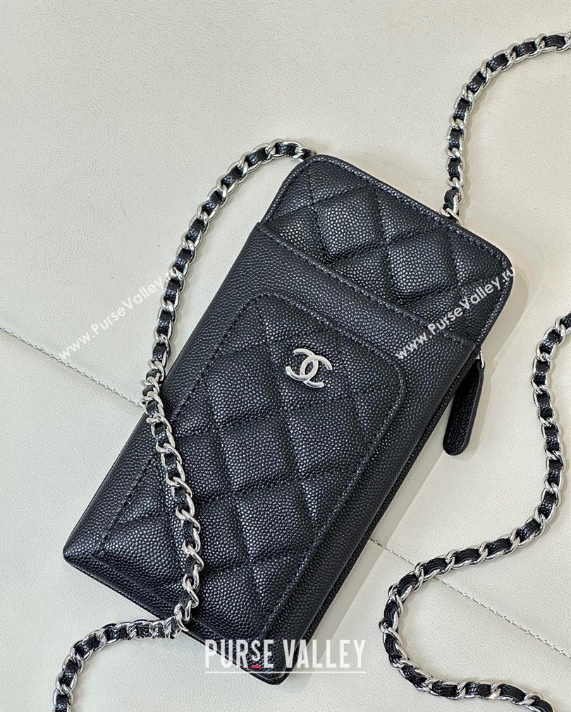 Chanel Grained Calfskin Phone Holder with Chain Black/Silver 2024 AP0990 (ssz-241106093)