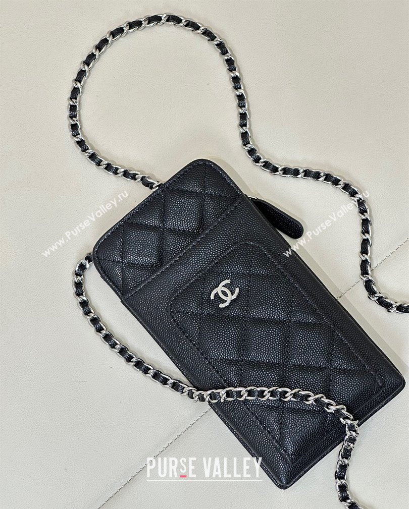 Chanel Grained Calfskin Phone Holder with Chain Black/Silver 2024 AP0990 (ssz-241106093)