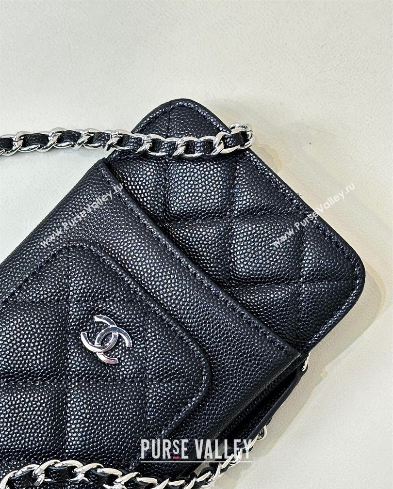 Chanel Grained Calfskin Phone Holder with Chain Black/Silver 2024 AP0990 (ssz-241106093)