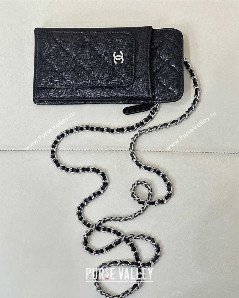 Chanel Grained Calfskin Phone Holder with Chain Black/Silver 2024 AP0990 (ssz-241106093)