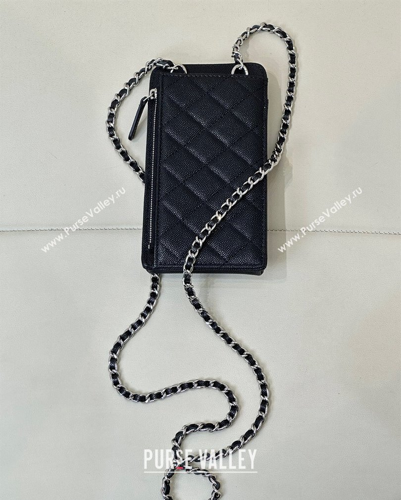 Chanel Grained Calfskin Phone Holder with Chain Black/Silver 2024 AP0990 (ssz-241106093)