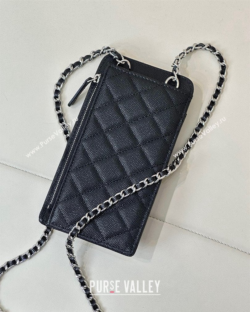 Chanel Grained Calfskin Phone Holder with Chain Black/Silver 2024 AP0990 (ssz-241106093)