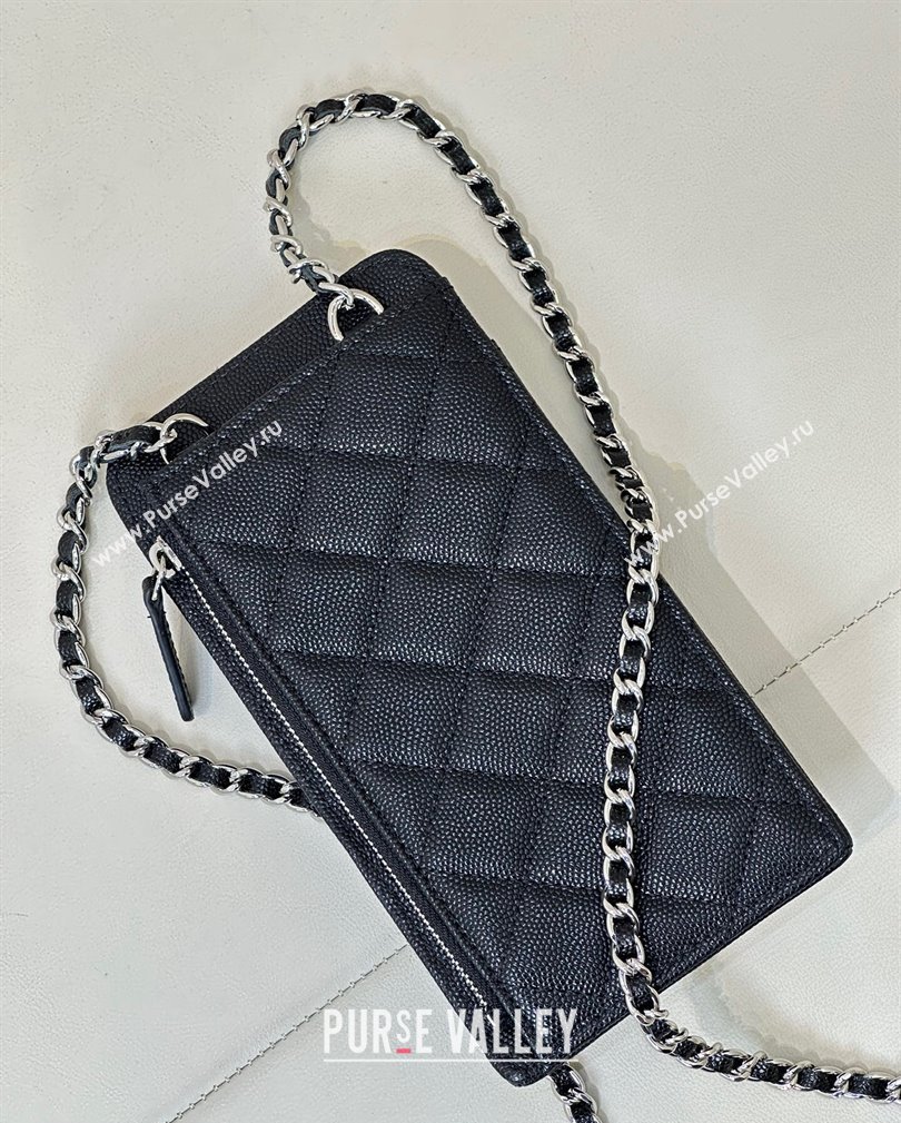 Chanel Grained Calfskin Phone Holder with Chain Black/Silver 2024 AP0990 (ssz-241106093)