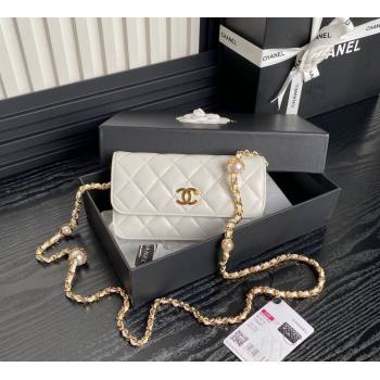 Chanel Shiny Lambskin Flap Phone Holder with Chain and Pearls AP4284 White 2024 (yezi-241106104)