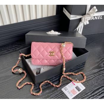 Chanel Shiny Lambskin Flap Phone Holder with Chain and Pearls AP4284 Pink 2024 (yezi-241106105)