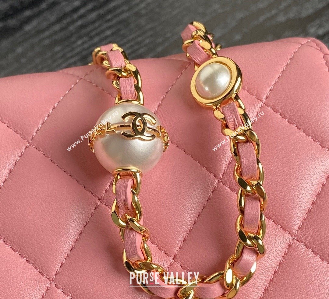 Chanel Shiny Lambskin Flap Phone Holder with Chain and Pearls AP4284 Pink 2024 (yezi-241106105)