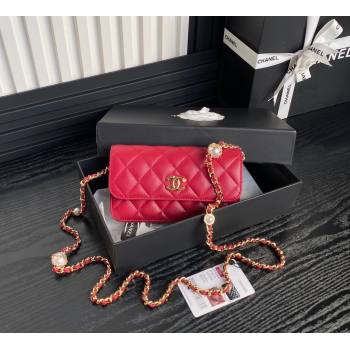 Chanel Shiny Lambskin Flap Phone Holder with Chain and Pearls AP4284 Red 2024 (yezi-241106106)