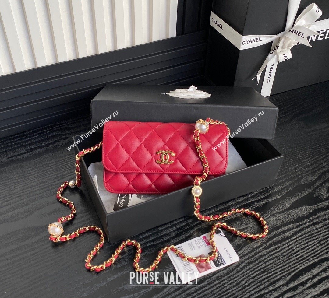 Chanel Shiny Lambskin Flap Phone Holder with Chain and Pearls AP4284 Red 2024 (yezi-241106106)