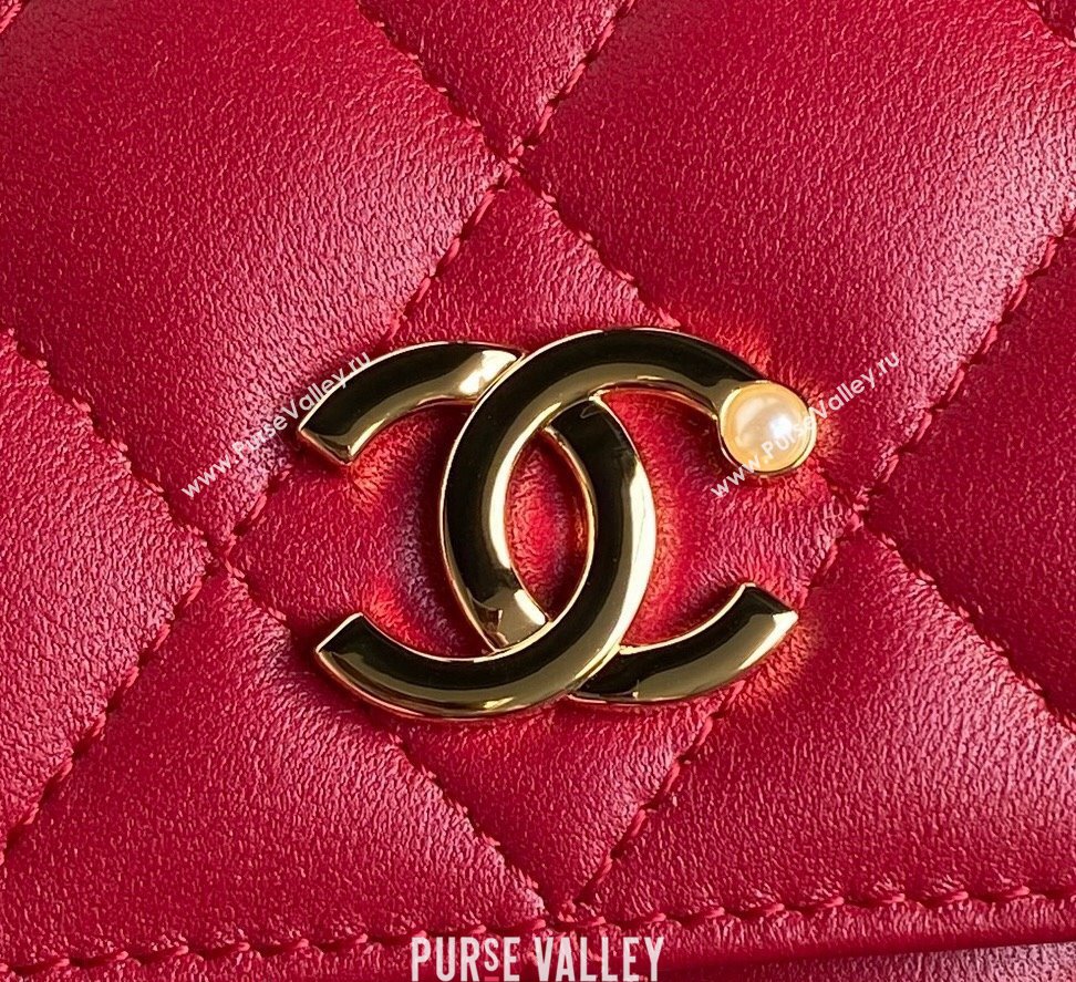 Chanel Shiny Lambskin Flap Phone Holder with Chain and Pearls AP4284 Red 2024 (yezi-241106106)