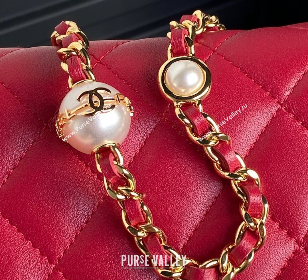 Chanel Shiny Lambskin Flap Phone Holder with Chain and Pearls AP4284 Red 2024 (yezi-241106106)