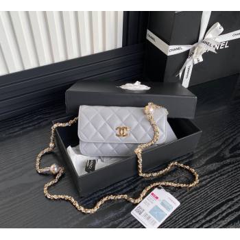 Chanel Shiny Lambskin Flap Phone Holder with Chain and Pearls AP4284 Grey 2024 (yezi-241106107)