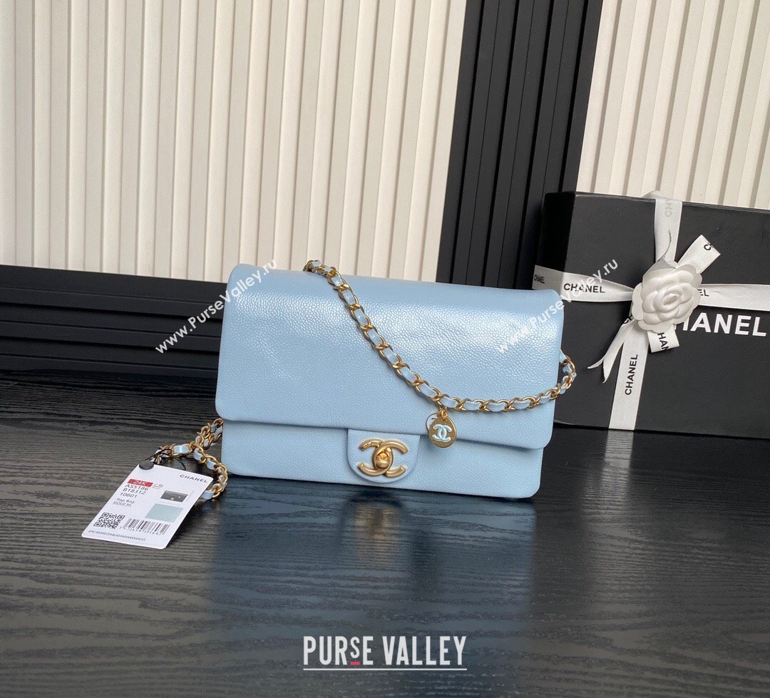 Chanel Grained Shiny Calfskin Small Flap Bag with Chain AS5186 Light Blue 2024 (yezi-241106077)