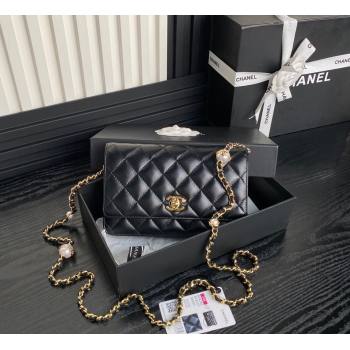 Chanel Shiny Lambskin Wallet on Chain WOC with Pearls AP4282 Black 2024 (yezi-241106122)