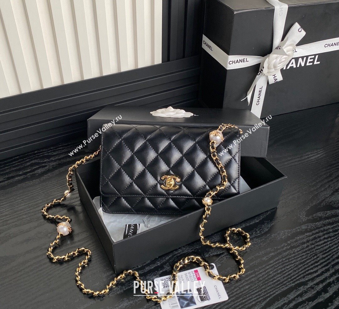 Chanel Shiny Lambskin Wallet on Chain WOC with Pearls AP4282 Black 2024 (yezi-241106122)