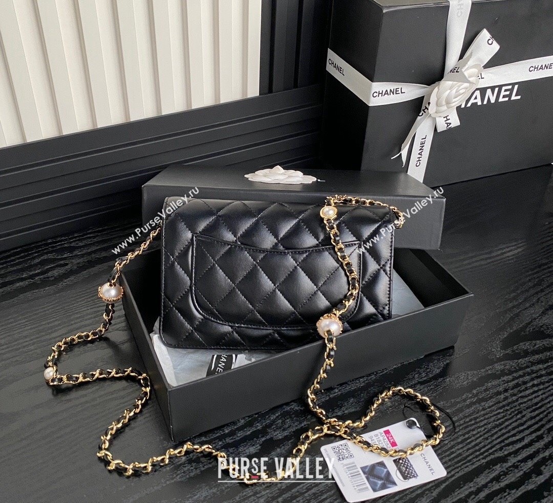 Chanel Shiny Lambskin Wallet on Chain WOC with Pearls AP4282 Black 2024 (yezi-241106122)